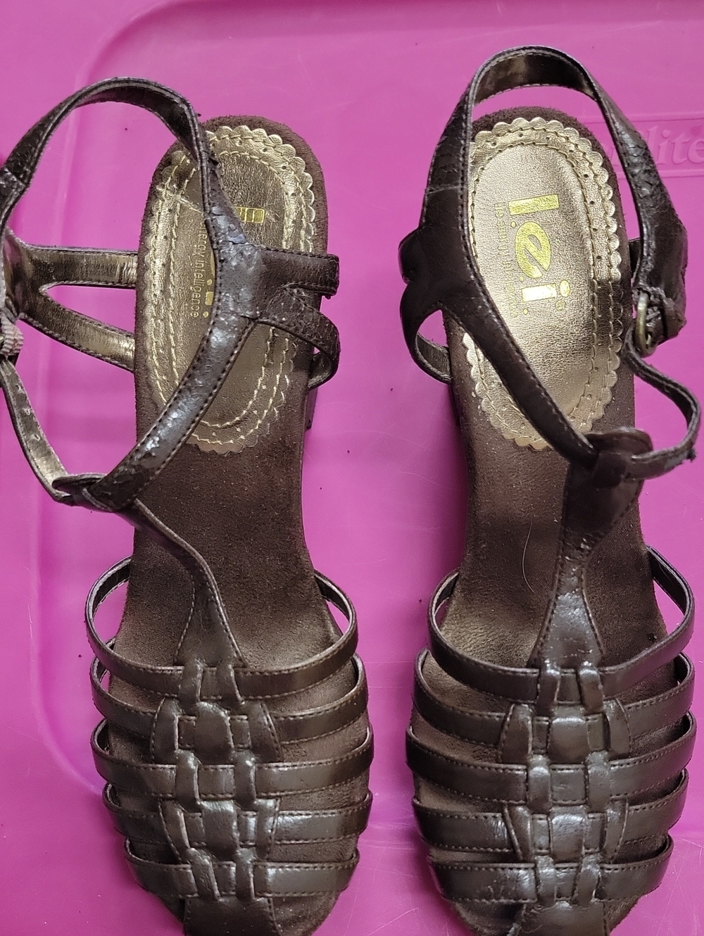 lei Dark Brown Woven Strap Women's Wedge Sandals